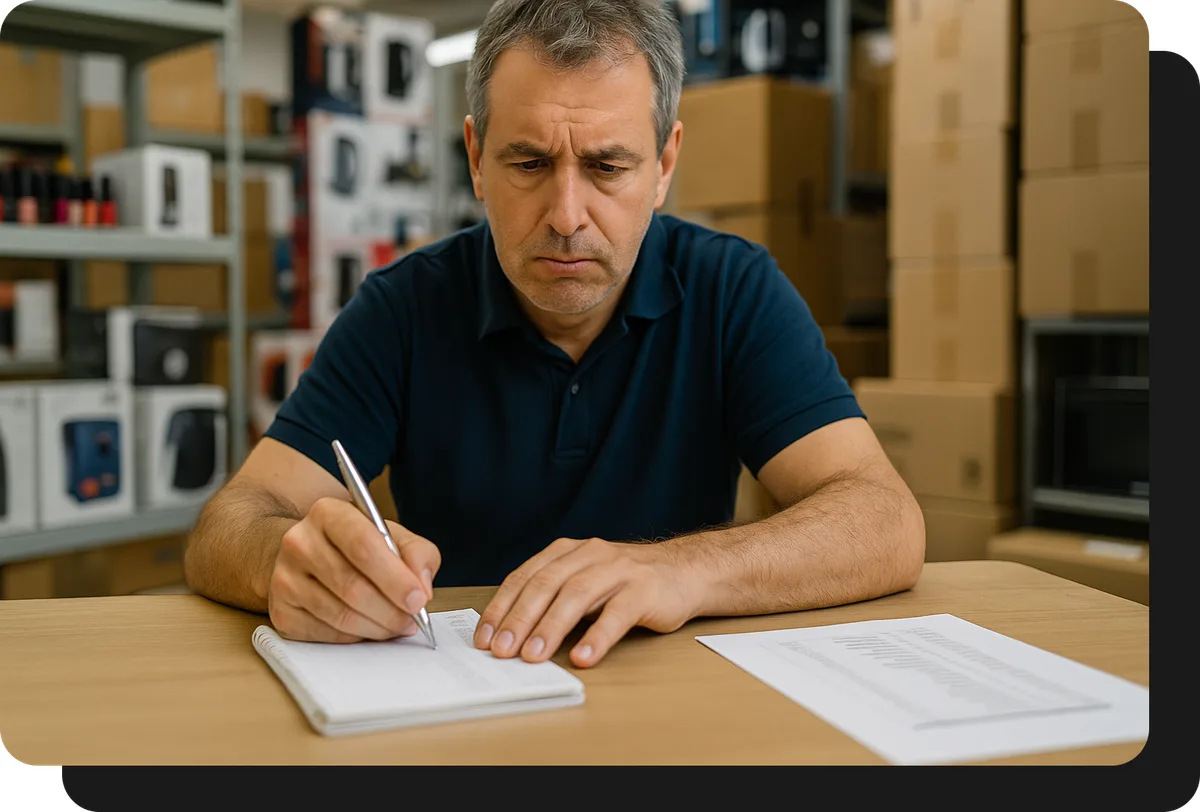 Mayorista de tecnología y electrodomésticos tomando pedido a mano sin ventasxmayor.com.pe