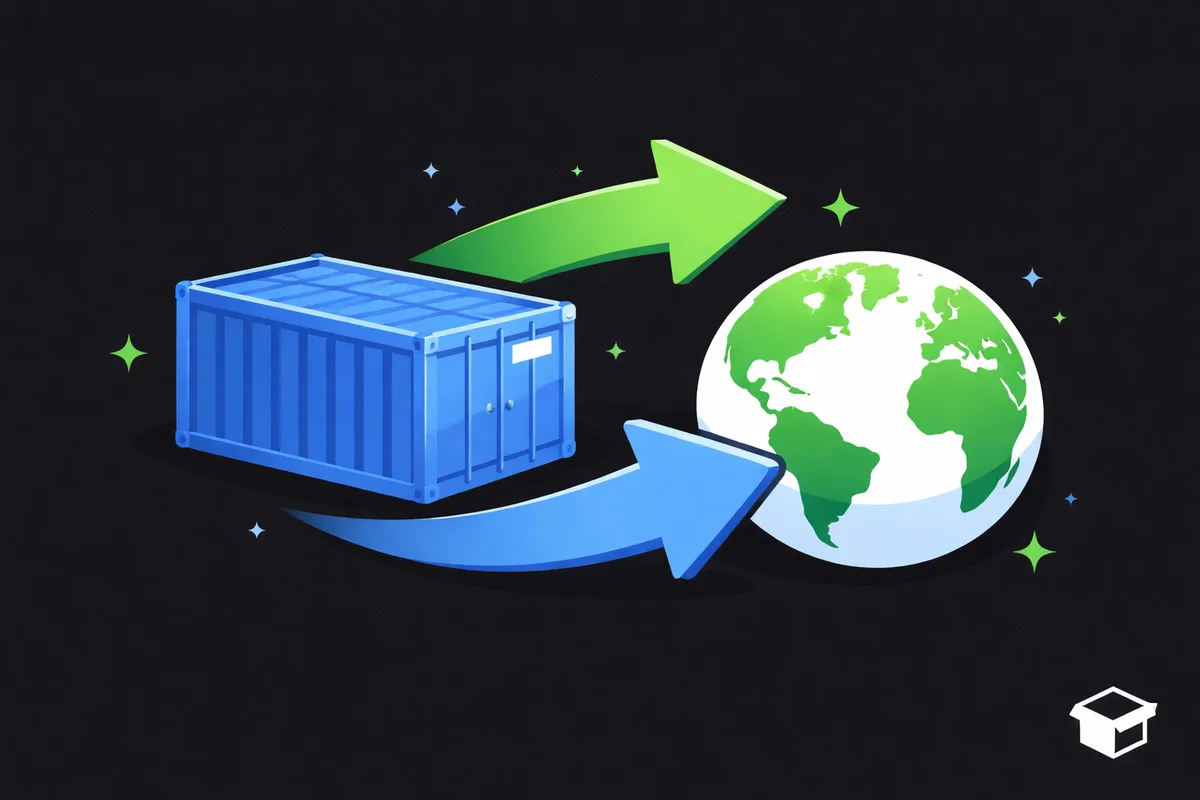 Ilustración de comercio exterior mayorista: un contenedor de carga azul con flechas de importación y exportación que rodean el planeta
