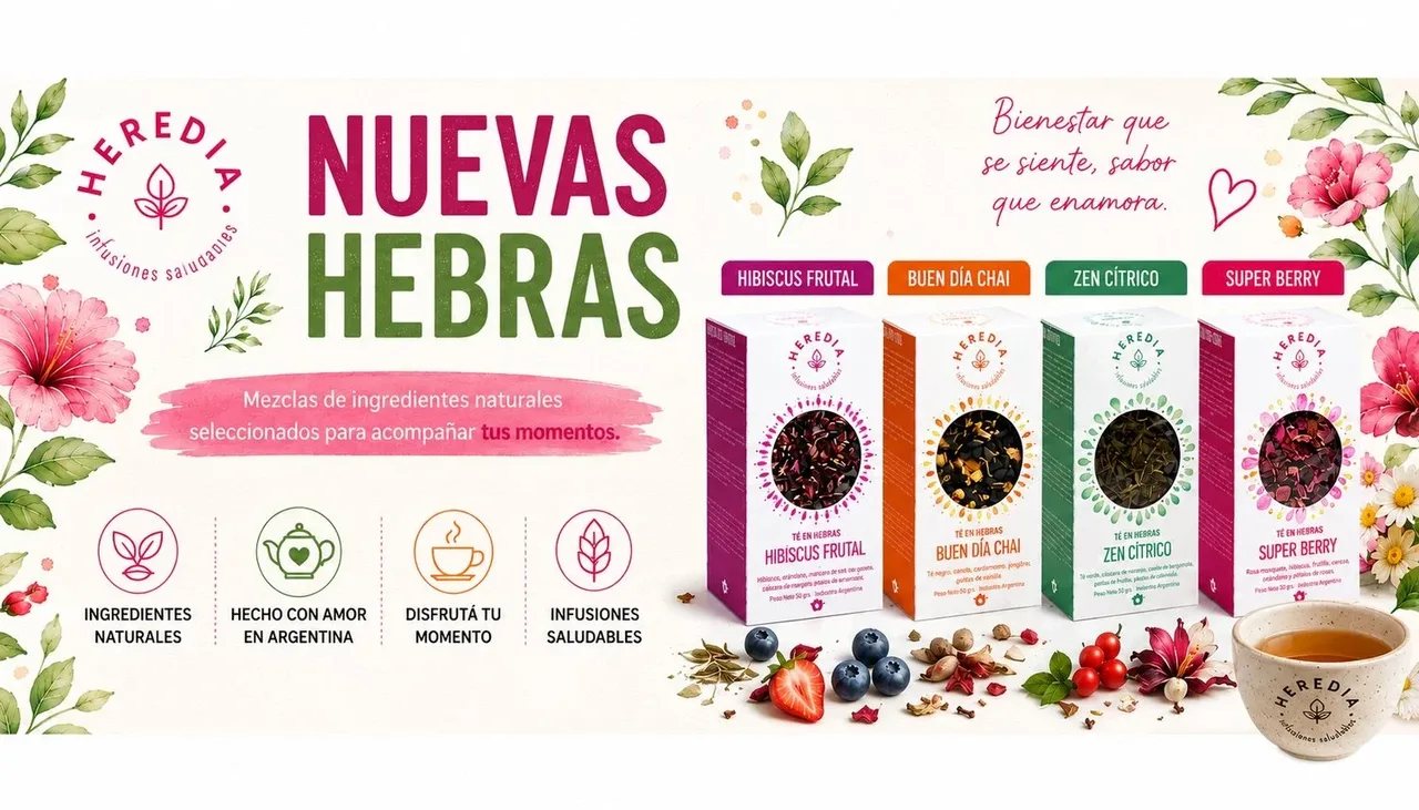Banner Nuevas Hebras de Heredia Infusiones Saludables — té en hebras Hibiscus Frutal, Buen Día Chai, Zen Cítrico y Super Berry, mayorista de infusiones que vende por mayor con su tienda B2B VentasxMayor