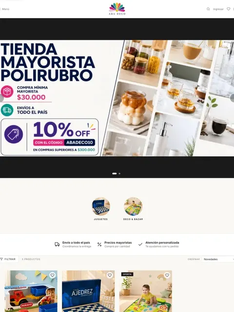 Tienda mayorista polirubro Aba Deco creada con VentasxMayor — banner de compra mínima, descuentos por volumen y envíos a todo el país