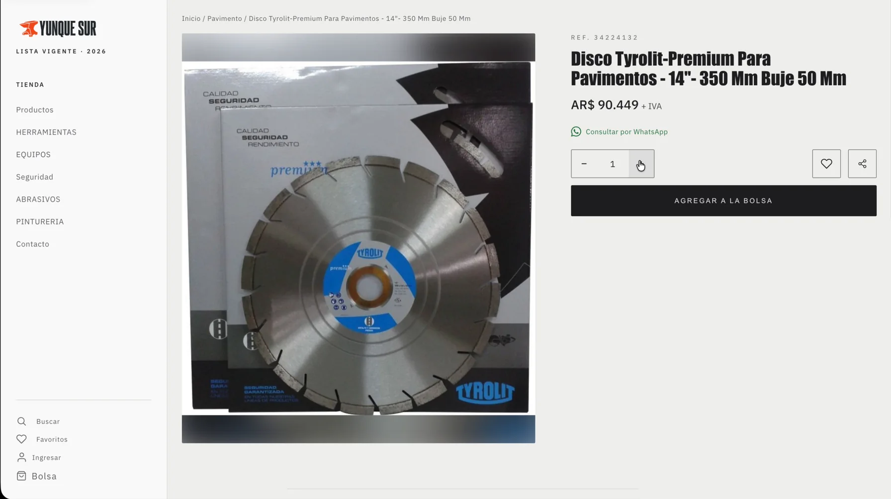Ficha de producto mayorista del disco diamantado Tyrolit de 14 pulgadas: referencia, precio AR$ 90.449 más IVA, selector de cantidad y botón Agregar a la bolsa
