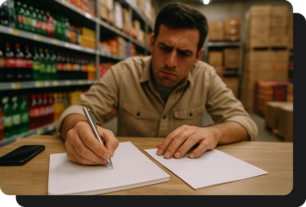 mayorista de alimentos y bebidas tomando pedido a mano sin ventasxmayor.com.pe