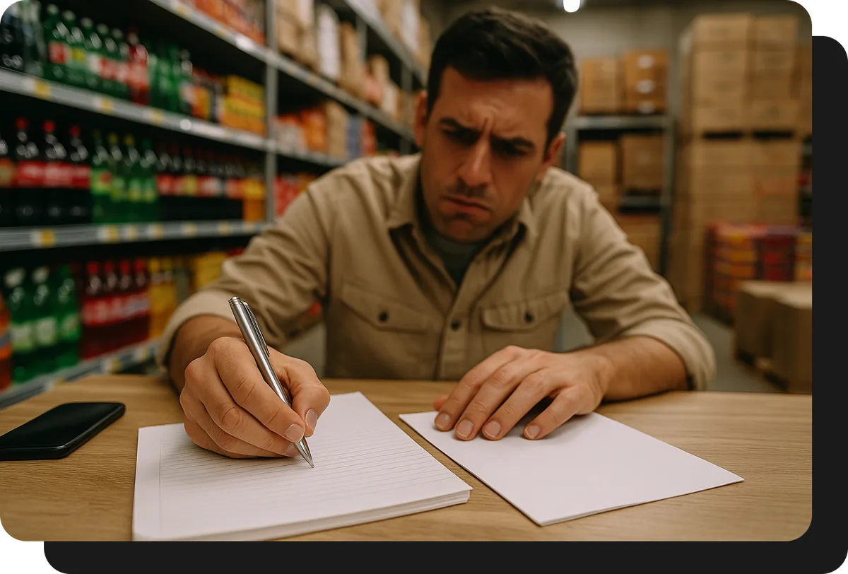 mayorista de alimentos y bebidas tomando pedido a mano sin ventasxmayor.com.pe