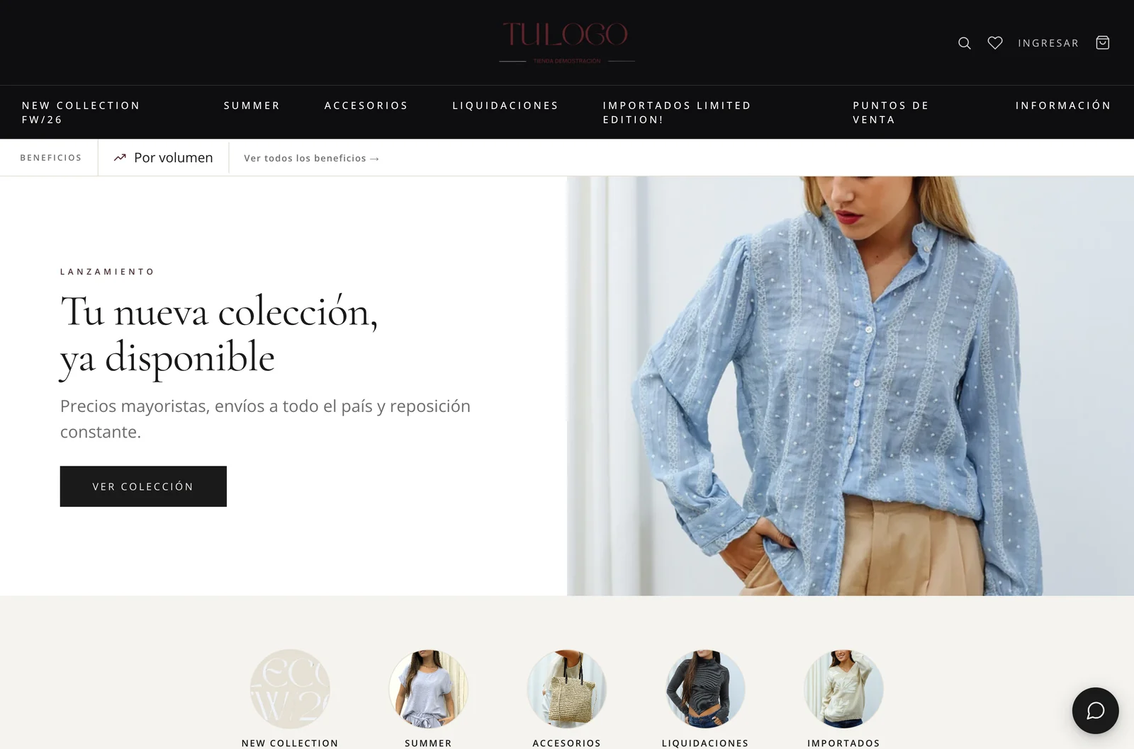 Tienda mayorista B2B creada con VentasxMayor — catálogo online con precios por cliente, descuentos por volumen y checkout express
