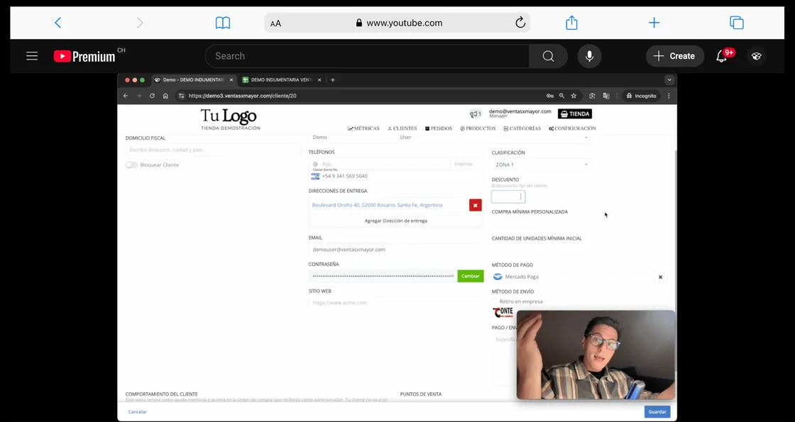 Video guía de VentasxMayor mostrando la ficha de cliente del panel mayorista B2B, con descuento, mínimo de compra y método de pago